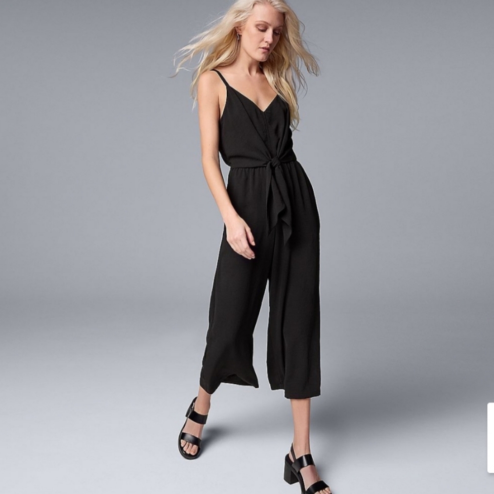 1 State Womens Black V Neck Jumpsuit Wide Leg Cropped Spaghetti Straps Wide Leg